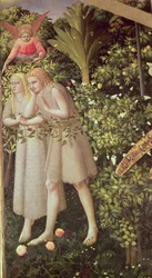 Ádám és Éva kiűzetése a Paradicsomból, az Angyali üdvözlet részlete, kb. 1430-32